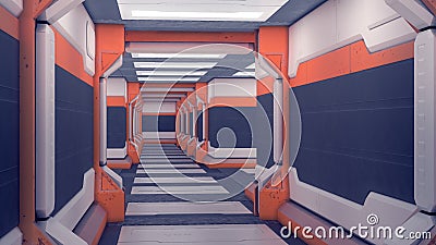 Sci-fi hangar. White futuristic panels with orange accents. Spaceship corridor with light. 3d Illustration Stock Photo