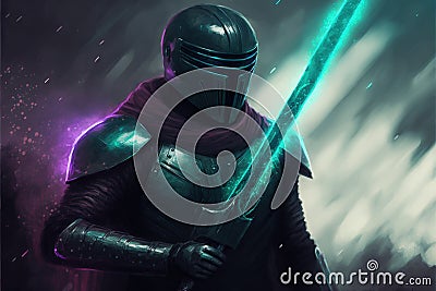 Sci-fi hero astro-warrior wearing advanced armor and wielding enchanted blade Stock Photo