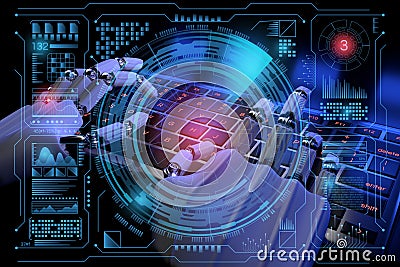Sci fi Hologram control panel dashboard in HUD style. Robot ai cyborg typing on keyboard. Radar screen futuristic user interface Cartoon Illustration