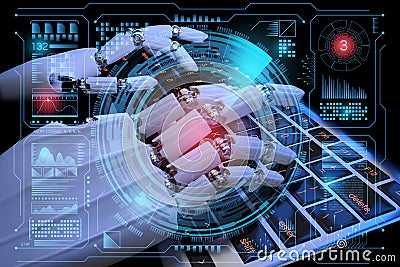 Sci fi Hologram control panel dashboard in HUD style. Robot cyborg typing on keyboard. Futuristic background. 3d illustration. Cartoon Illustration