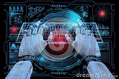 Sci fi Hologram control panel dashboard in HUD style. Robot cyborg typing on keyboard. Futuristic background. 3d illustration. Cartoon Illustration