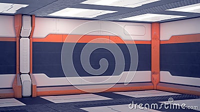 Sci-fi Interior space station. White futuristic panels with orange accents. Spaceship corridor with light. 3d Illustration Stock Photo