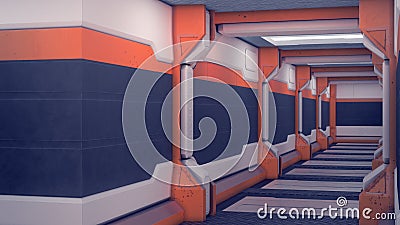 Sci-fi Interior spaceship. White futuristic walls with orange beams. Spaceship corridor with light. 3d Illustration Stock Photo