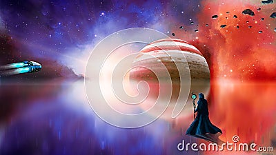 Sci-fi landscape digital painting with nebula, magician, gas gigant, lake and spaceship. Elements furnished by NASA. 3D rendering Stock Photo