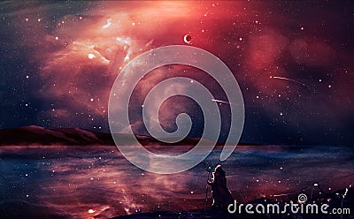 Sci-fi landscape digital painting with nebula, magician, planet, mountain and lake in red color. Elements furnished by NASA. 3D r Cartoon Illustration