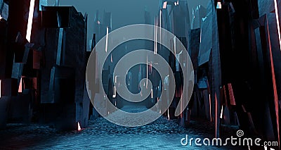 Sci fi landscape night city glows with neon light tall cubes blocks grunge interior 3D rendering Stock Photo