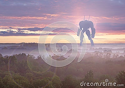 Sci-fi military giant battle machine. Humanoid robot in apocalypse countryside. Dystopia, science fiction, mech and Stock Photo