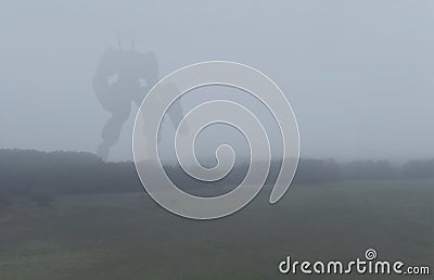 Sci-fi military giant battle machine. Humanoid robot in apocalypse countryside. Dystopia, science fiction, mech and Stock Photo