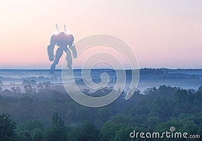 Sci-fi military giant battle machine. Humanoid robot in apocalypse countryside. Dystopia, science fiction, mech and Stock Photo