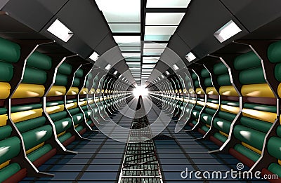 Sci-Fi modern cylinder corridor illuminated with neon lights Stock Photo