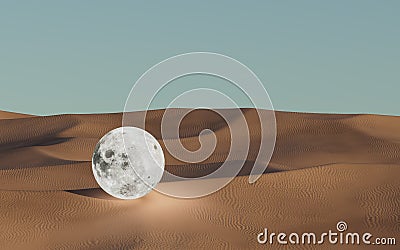 Sci-Fi surreal dunes with moon in dreamy desert. 3d render, 3d illustration. Cartoon Illustration