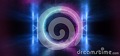 Sci Fi Neon Circle Smoke Glowing Light Vibrant Purple Blue Stage NIght Club Background Grunge Concrete Dark Tunnel Hall Corridor Stock Photo