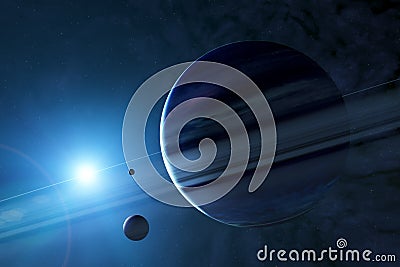 Sci-fi planets, discovery of new worlds, science fiction. Planets and moons of other galaxies and universes. Saturn rings and moon Stock Photo