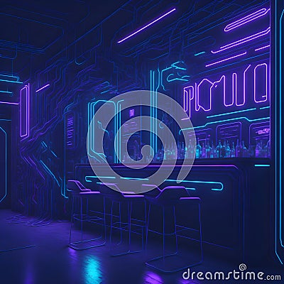 Sci Fi Retro Futuristic Neon Laser Glowing Dance Club Cafe Red Purple Blue Night Event Cyber City Advanced Technology Lifestyle Stock Photo