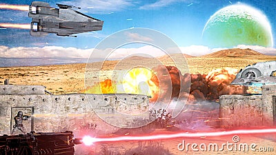 Sci-fi scene, distant future and other worlds. War scene, spaceships and fights with laser weapons. Stock Photo