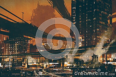 Sci fi scene of futuristic industrial cityscape Cartoon Illustration