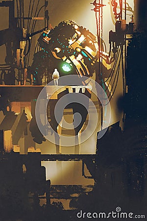 Sci-fi scene of giant robot in old factory Cartoon Illustration