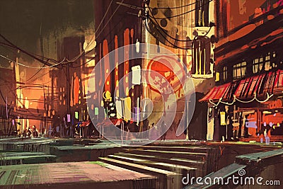 Sci-fi scene showing shopping street,futuristic cityscape Cartoon Illustration