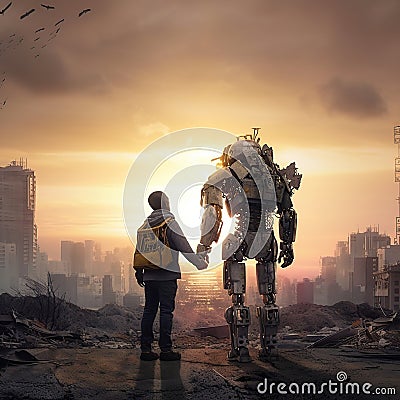 Robot and man on the ruins of the destroyed city made with generative AI Stock Photo