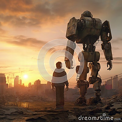 Robot and man on the ruins of the destroyed city made with generative AI Stock Photo