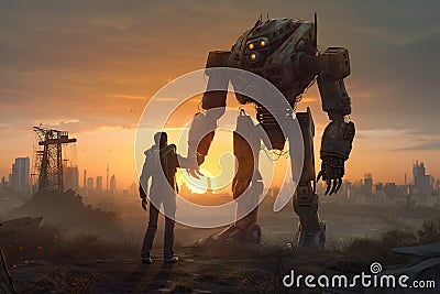 Robot and man on the ruins of the destroyed city made with generative AI Stock Photo