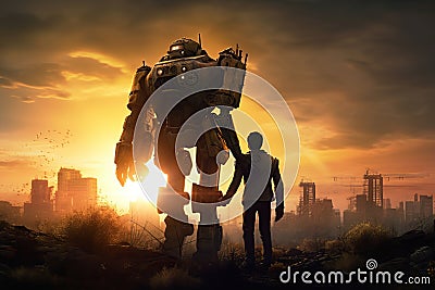 Robot and man on the ruins of the destroyed city made with generative AI Stock Photo