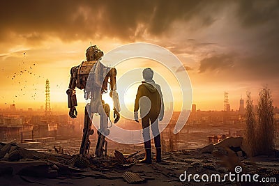 Robot and man on the ruins of the destroyed city made with generative AI Stock Photo