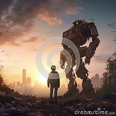 Robot and man on the ruins of the destroyed city made with generative AI Stock Photo