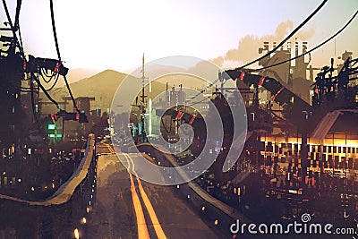 Sci-fi scenery of highway street on futuristic city Cartoon Illustration