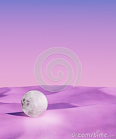 Sci-Fi surreal dunes with moon in dreamy desert. 3d render, 3d illustration. Cartoon Illustration