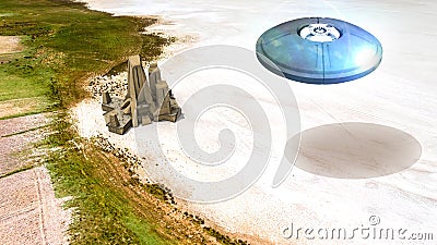 Sci-fi temple set on a salt pan, aerial view of an alien construction. Alien civilization, new worlds. Ufo Stock Photo