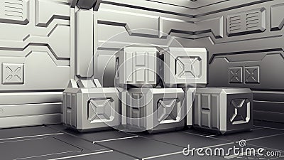 Sci-fi warehouse where containers are stored. Sci-fi warehouse where containers are stored. Armory on a spaceship 3d render Stock Photo