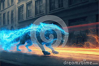 In the sci-fi world, a strange beast sprints down a dark alleyway Stock Photo