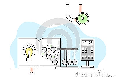 Science and Applied Mechanics Study with Magnet and Balance Wheel Vector Line Illustration Vector Illustration