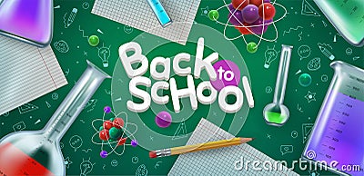 Science background. Back to school. Lab test tubes. Chemistry and Physics class. Blackboard chalk drawing. Laboratory 3D Vector Illustration