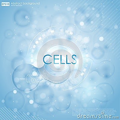 Science background with cells HUD. Blue cell background. Life and biology, medicine scientific, bacteria, molecular Vector Illustration