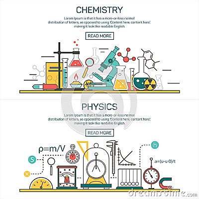 Science banner vector concepts in line style. Chemistry and Physics design elements. Laboratory workspace, science Vector Illustration