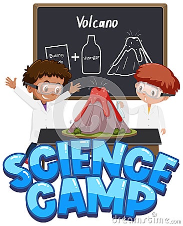 Science camp logo and children with volcano science experiment Vector Illustration