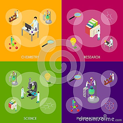 Science Chemical Pharmaceutical Concept Banner Set 3d Isometric View. Vector Vector Illustration