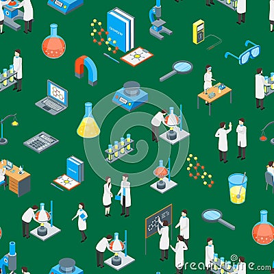 Science Chemical Pharmaceutical 3d Seamless Pattern Background Isometric View. Vector Vector Illustration