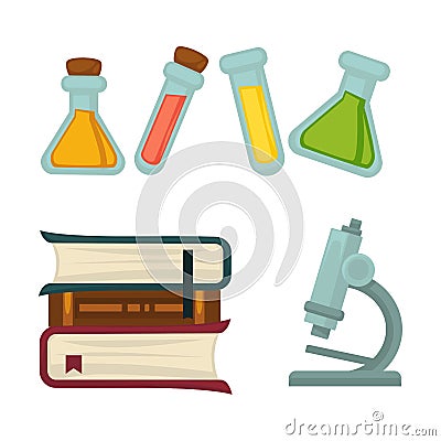 Science chemistry book or beakers and biology microscope vector flat icons set Vector Illustration