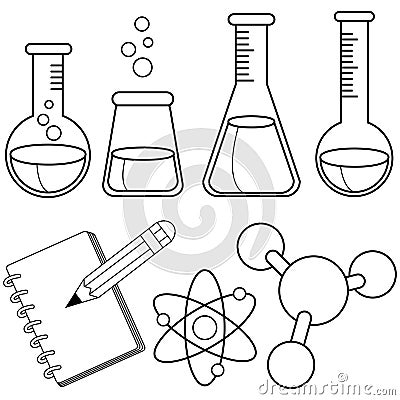 Science and chemistry set. Vector black and white coloring book page. Vector Illustration