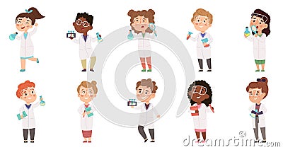 Science children, kids doing laboratory chemical experiment. Kids in protective glasses doing lab experiment vector Vector Illustration