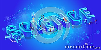 Science 3d Neon Isometric Word and little people Vector Illustration