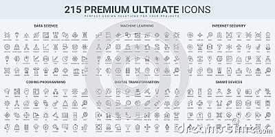 Science data research, cyber technology and software code thin black line icons set Vector Illustration