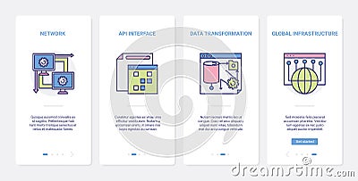 Science data transformation, network infrastructure UX, UI mobile app page screen set Cartoon Illustration