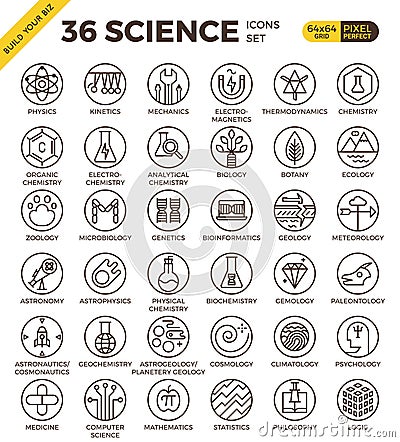 Science education badge pixel perfect outline icons Vector Illustration