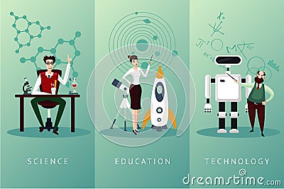 Scientist vector cartoon characters set. Science and education concept. Technology backgrounds collection. Vector Illustration