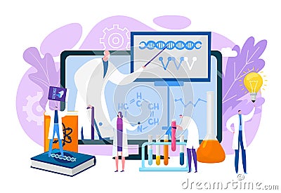 Science education with flat device technology, vector illustration. Online learning, researching with digital book Vector Illustration