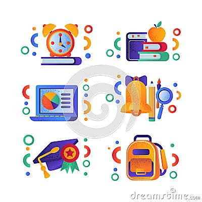 Science and Education Icon with Alarm Clock, Laptop, Graduation Hat, Backpack, Bell and Books Vector Set Vector Illustration
